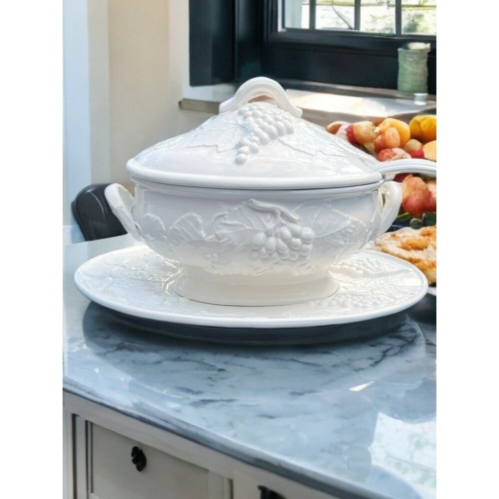 Elios of Italy White Embossed Grape Pattern Ceramic Soup Tureen With Lid & Plate